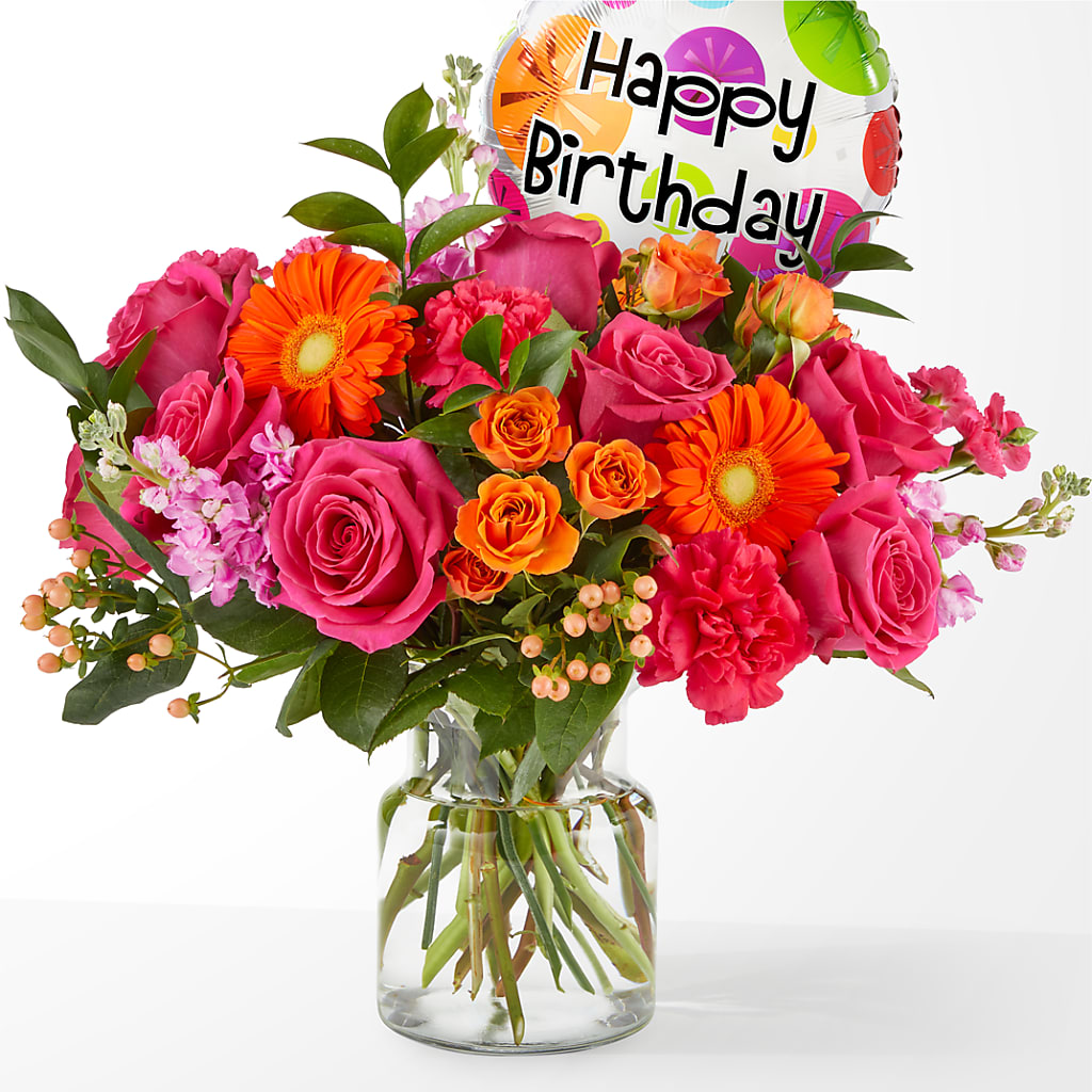 Fiesta Bouquet with Birthday Balloon – DOMINO'S BLOOMS, Granbury TX