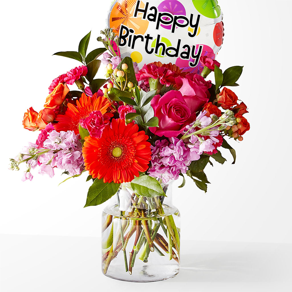 Fiesta Bouquet with Birthday Balloon – DOMINO'S BLOOMS, Granbury TX