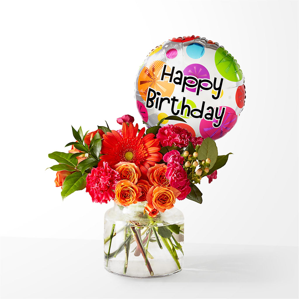 Fiesta Bouquet with Birthday Balloon – DOMINO'S BLOOMS, Granbury TX
