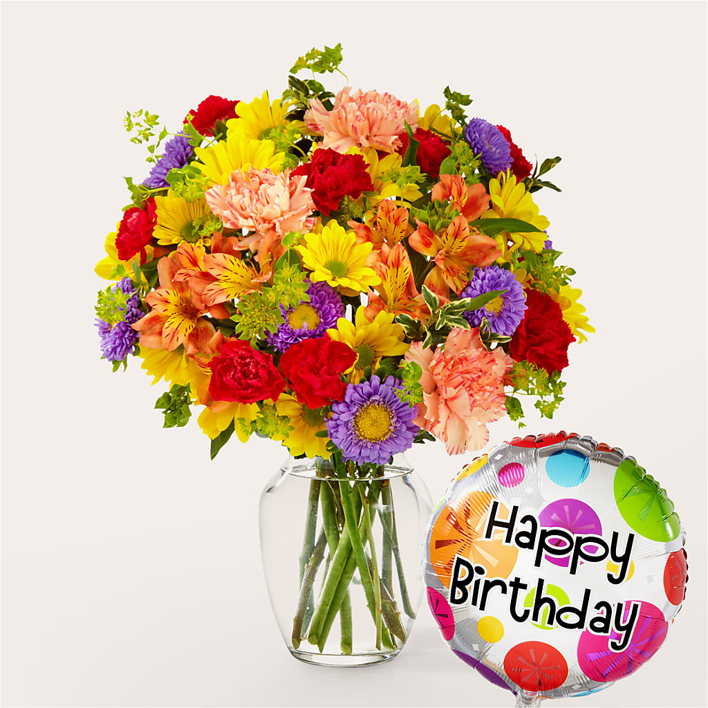 Kaleidoscope Bouquet with Birthday Balloon – DOMINO'S BLOOMS, Granbury TX