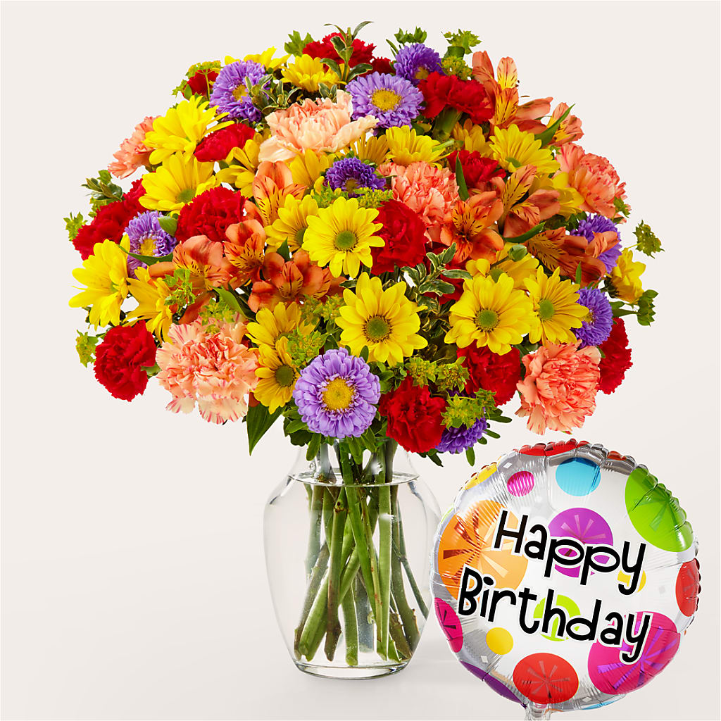 Kaleidoscope Bouquet with Birthday Balloon – DOMINO'S BLOOMS, Granbury TX
