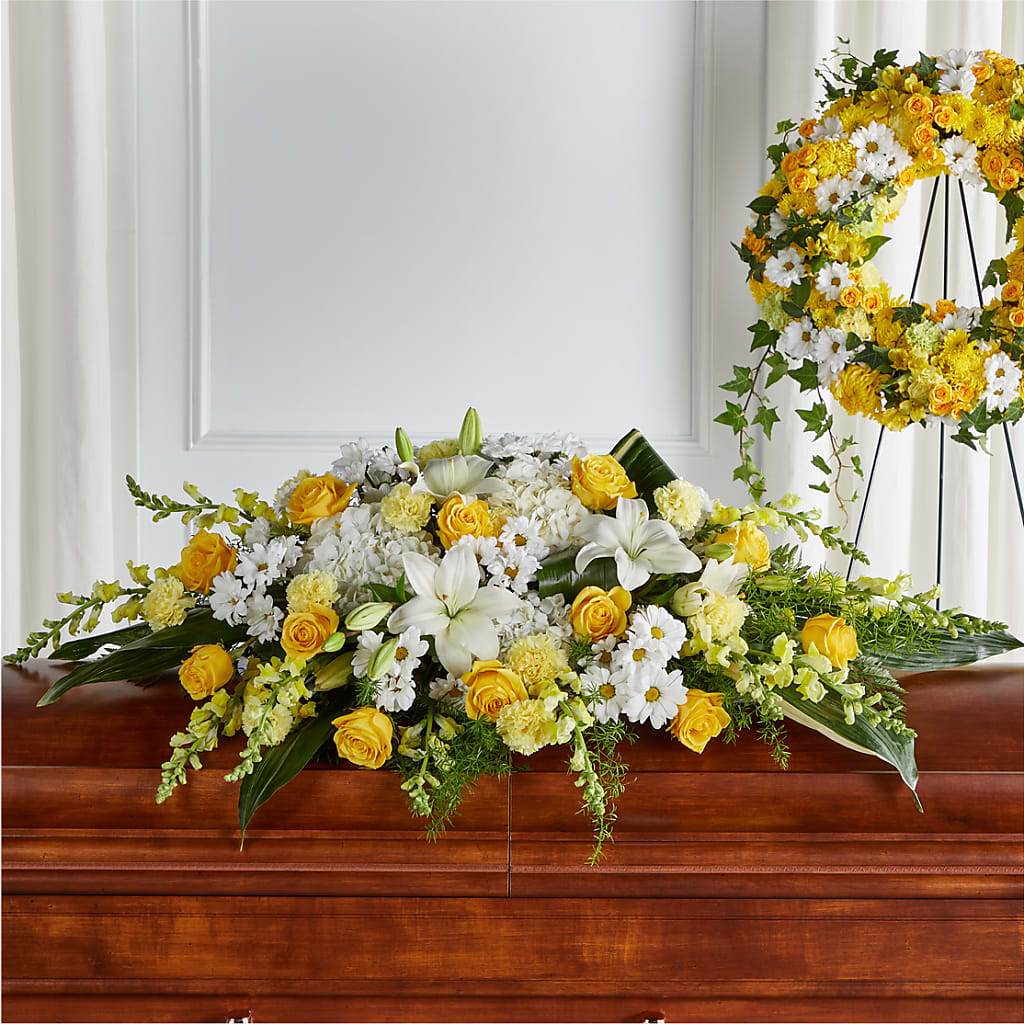 Golden Harmony Casket Spray – DOMINO'S BLOOMS, Granbury TX
