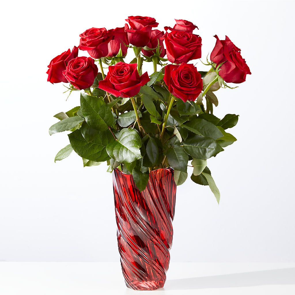 Classic Love Red Rose Bouquet with Luxe Swirl Vase – DOMINO'S BLOOMS, Granbury TX